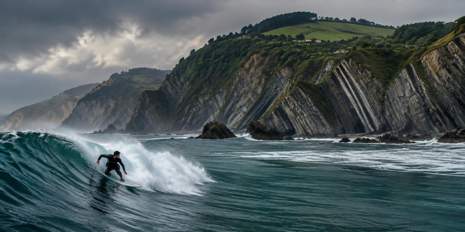 Ilustración de un surfista en la costa cantábrica